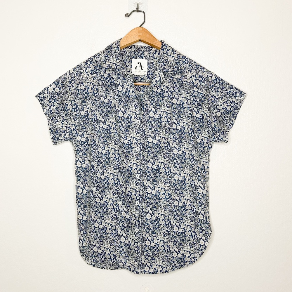 Amy Kuschel Knot Everyday Shirt Blue Floral‎ Print Short Sleeve Button Front Top - Picture 4 of 7